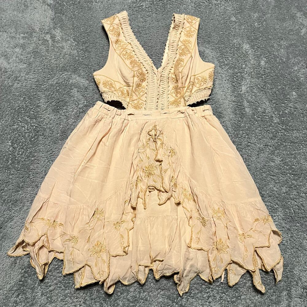 Free People Dress Womens 6 Honeysuckle Cutout Boho Dress Beige Tan Mini